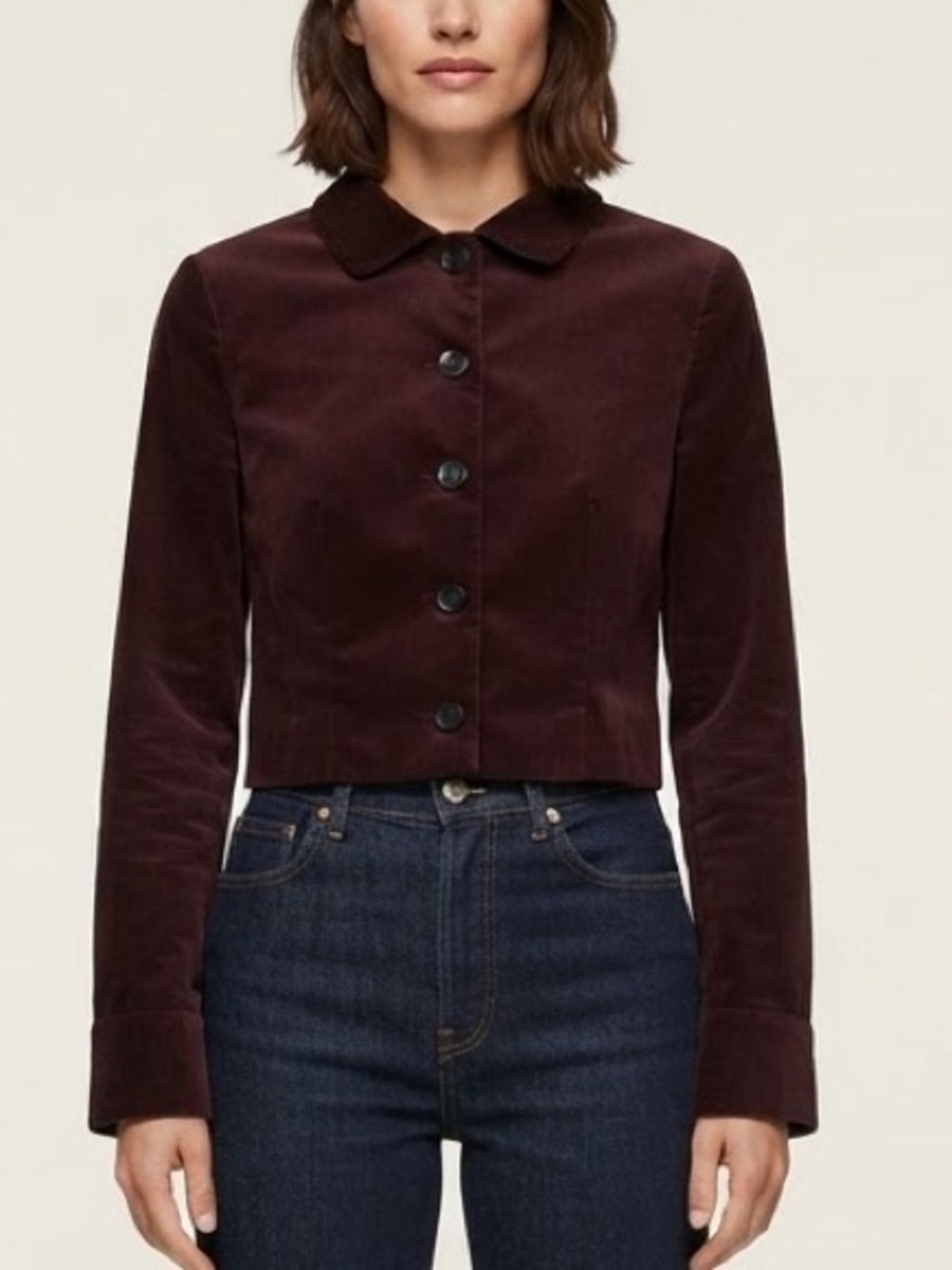 Zara Sz M Blogger Fav Velvet Velour Burgundy Wine Short Button Front Jacket